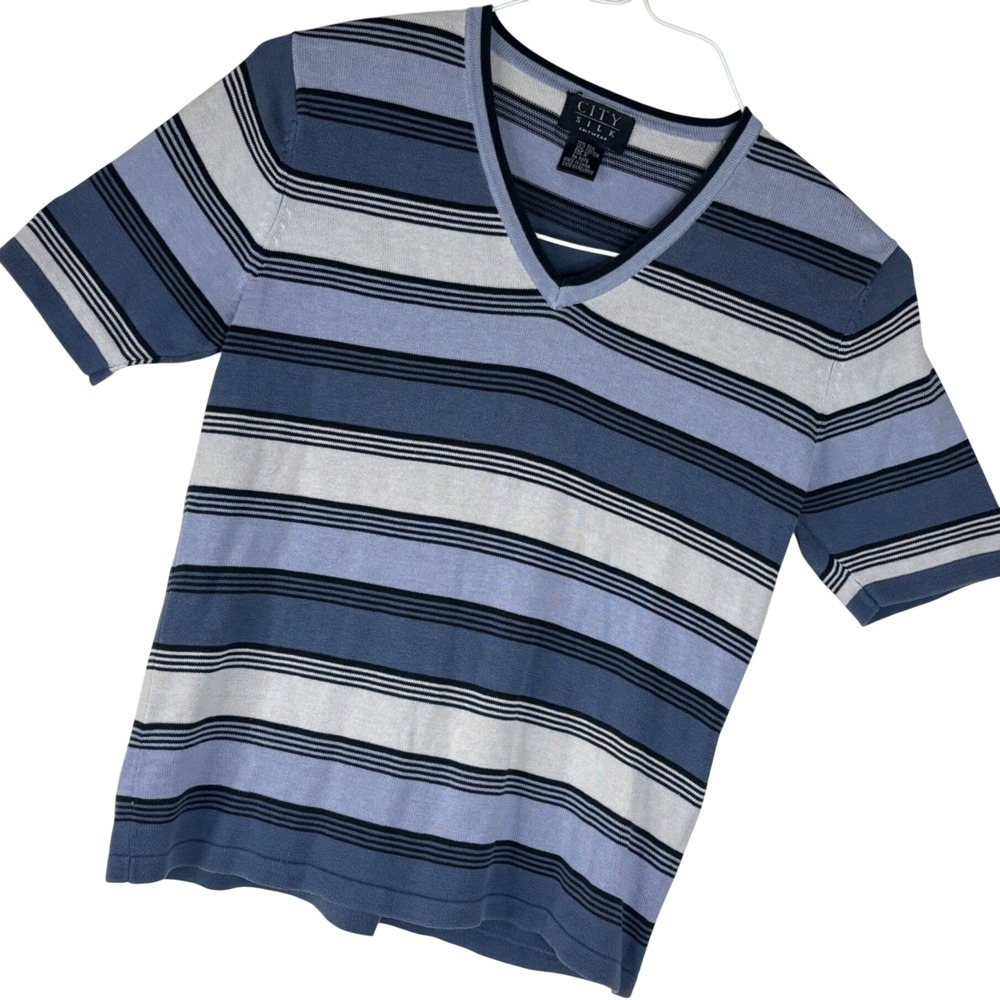City Silk Sweater Women Medium Blue Striped V-Neck Silk Cotton Knit Short Sleeve
